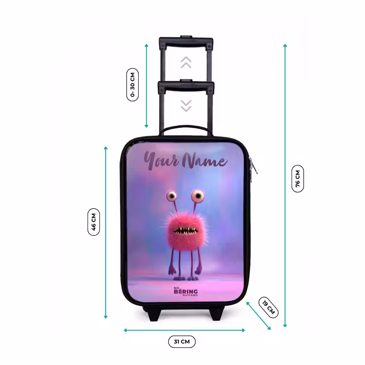 Children's suitcase with name - Pink furry monster with big eyes — 3