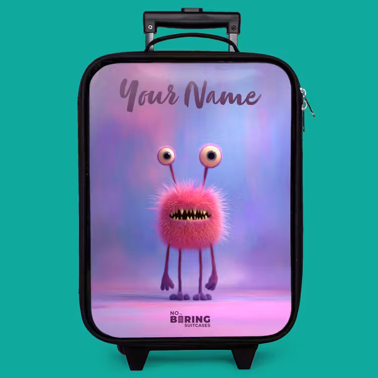 Children's suitcase with name - Pink furry monster with big eyes — 4