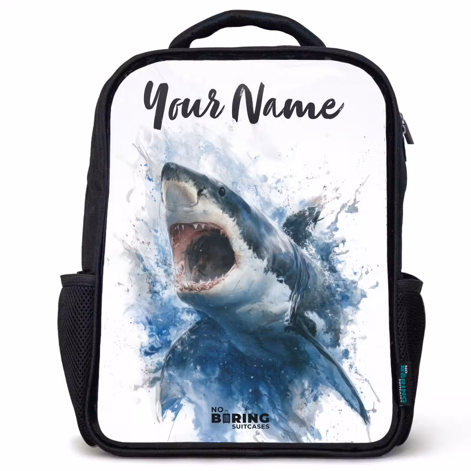 Kids backpack with name - Black - Attacking shark in watercolor — 1