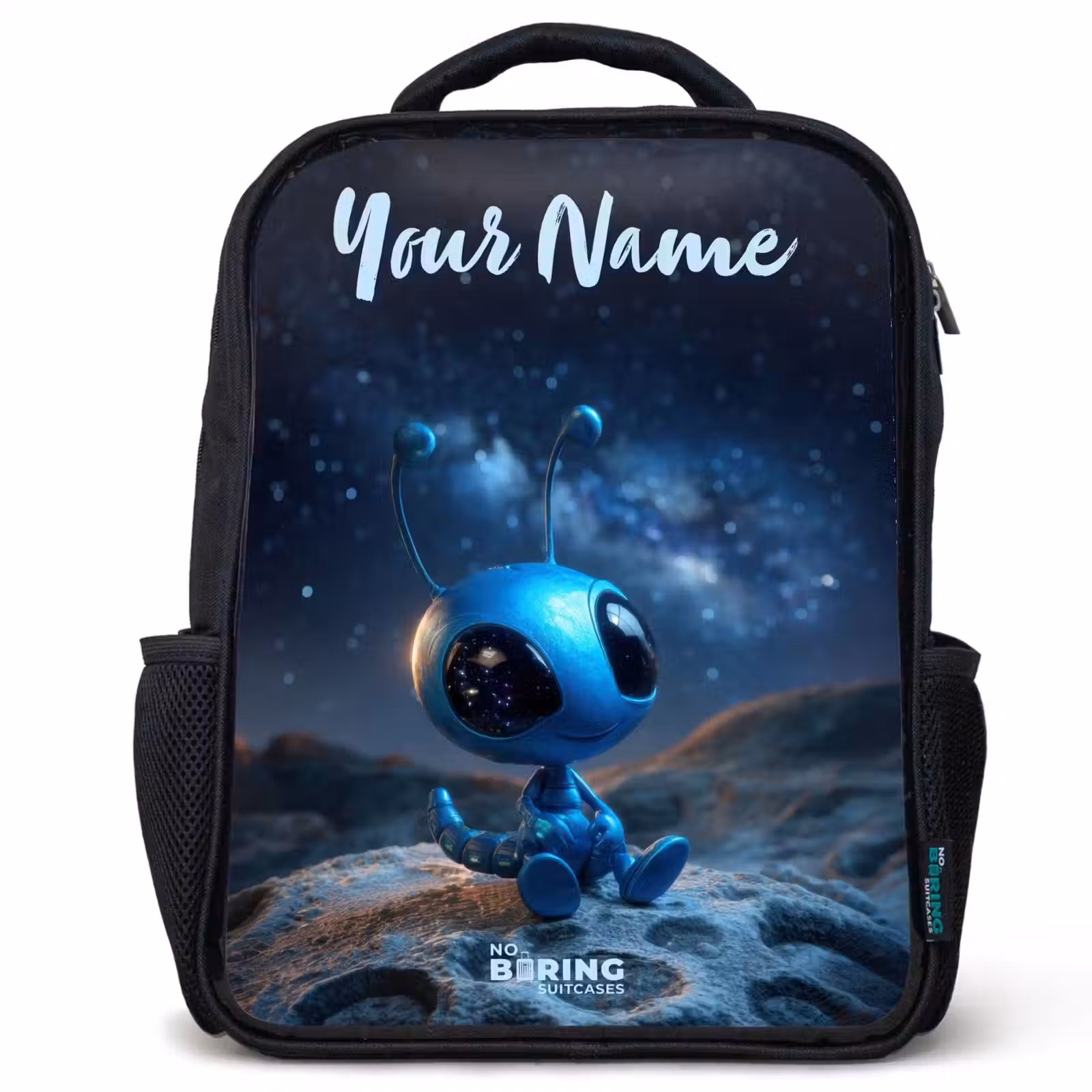 Kids backpack with name - Black - Blue alien creature under starry sky — 1