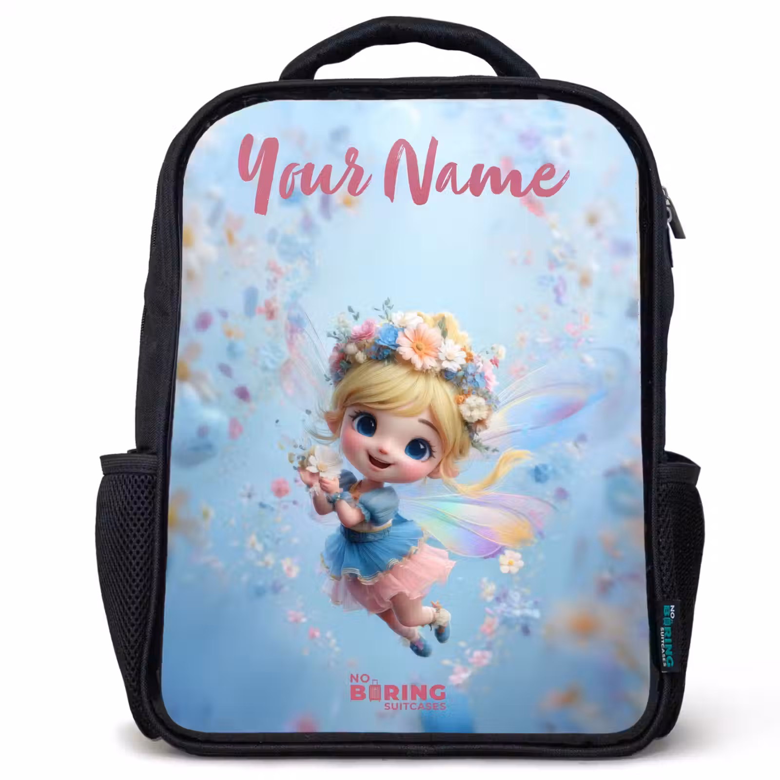 Kids backpack with name - Black - Butterfly Fairy in Flower Air — 1