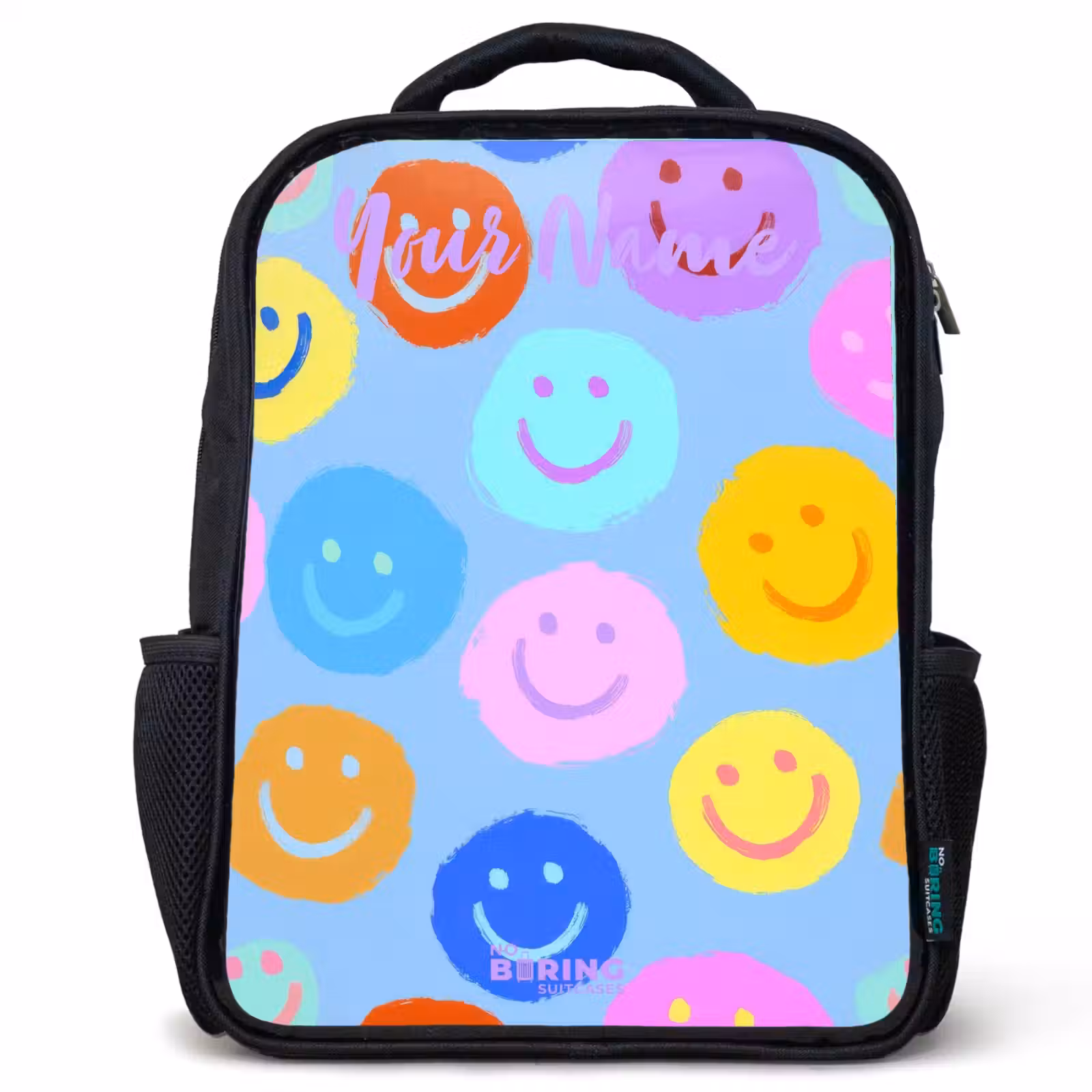 Kids backpack with name - Black - Cheerful pattern of smileys — 1
