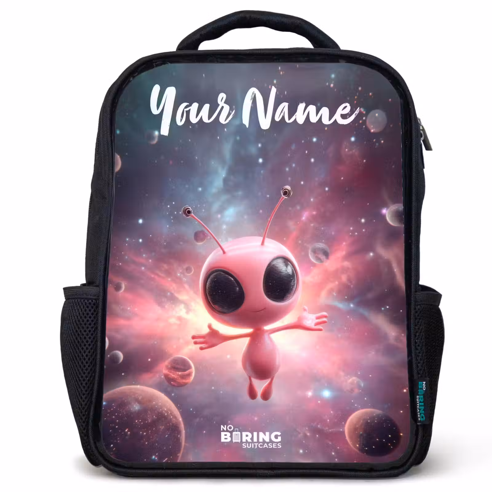 Kids backpack with name - Black - Pink Alien in Star Nebula — 1