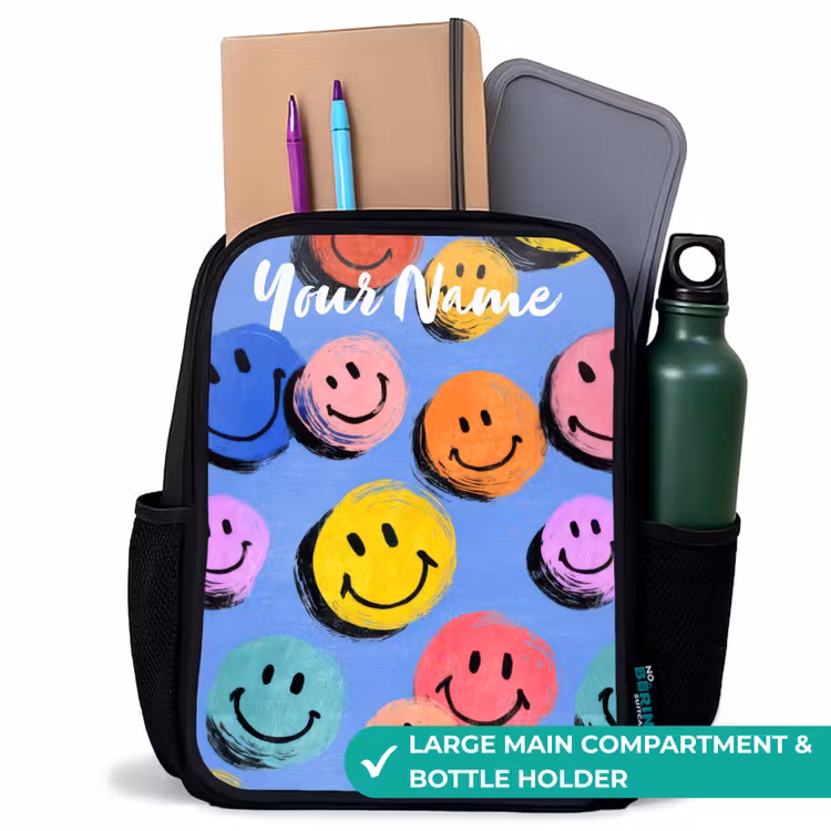 Kids backpack with name - Black - A playful and artistic pattern of colorful smileys — 10