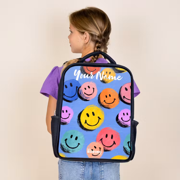 Kids backpack with name - Black - A playful and artistic pattern of colorful smileys — 4