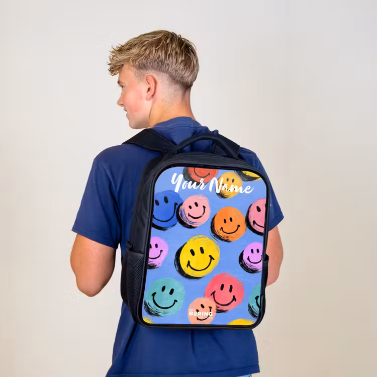 Kids backpack with name - Black - A playful and artistic pattern of colorful smileys — 5