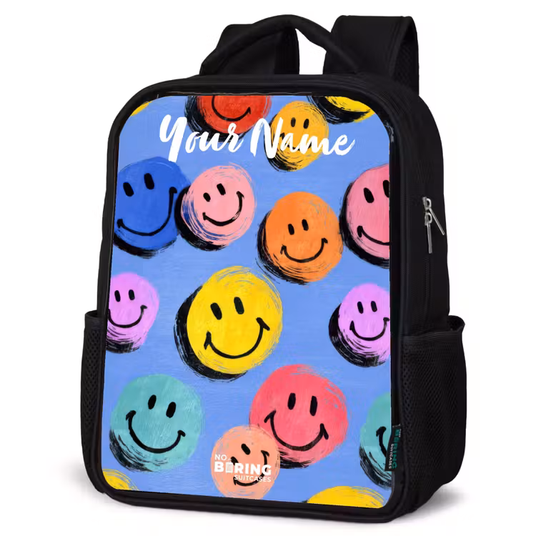 Kids backpack with name - Black - A playful and artistic pattern of colorful smileys — 6