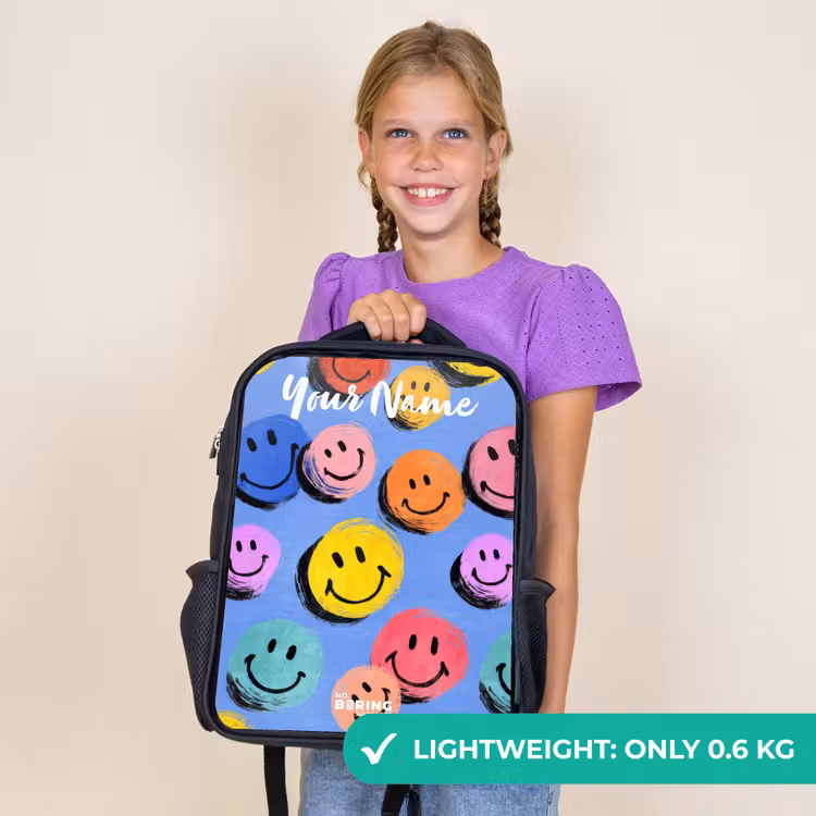 Kids backpack with name - Black - A playful and artistic pattern of colorful smileys — 9
