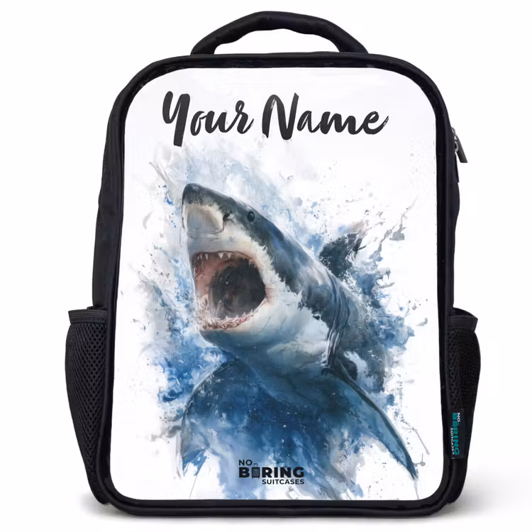 Kids backpack with name - Black - Attacking shark in watercolor — 1