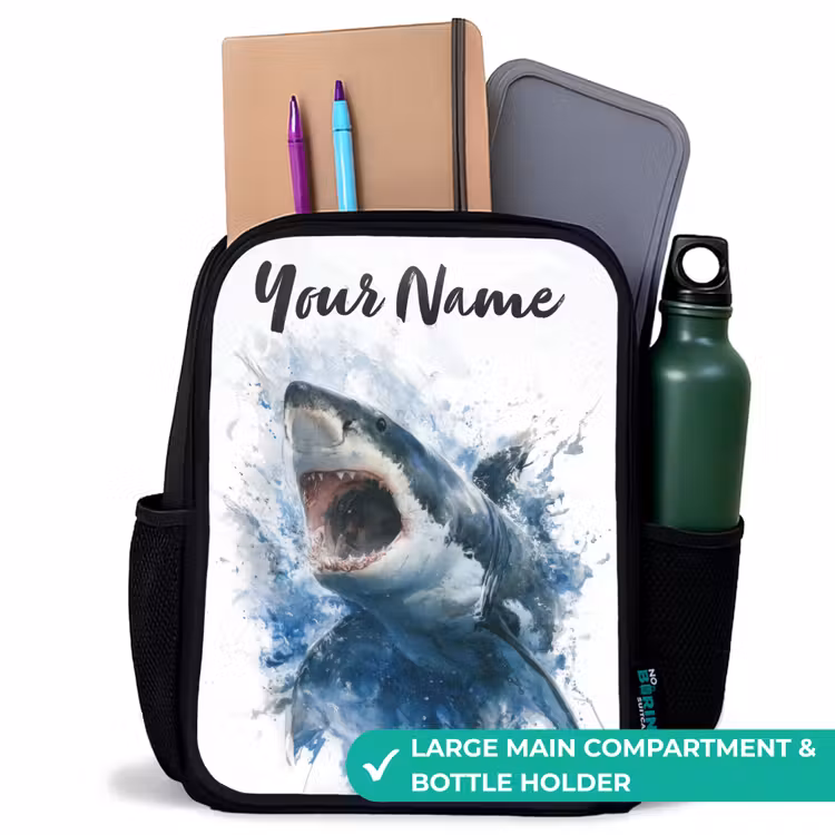 Kids backpack with name - Black - Attacking shark in watercolor — 10