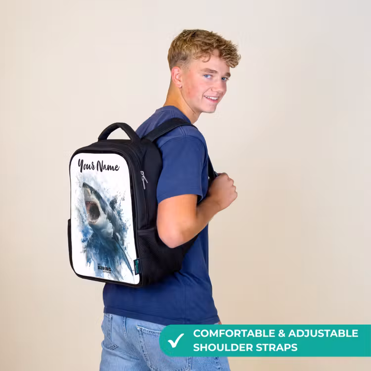 Kids backpack with name - Black - Attacking shark in watercolor — 11