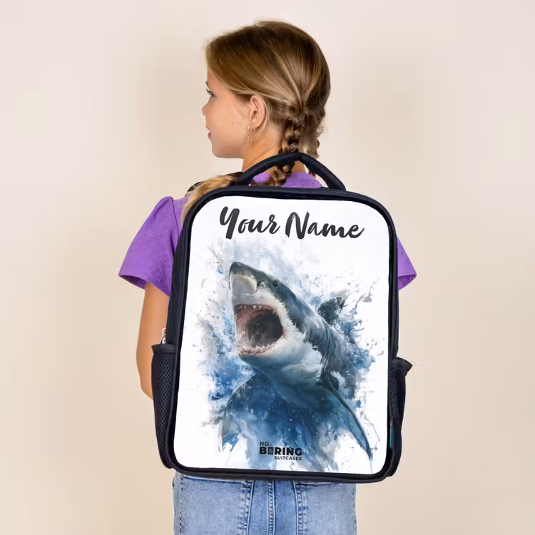 Kids backpack with name - Black - Attacking shark in watercolor — 4