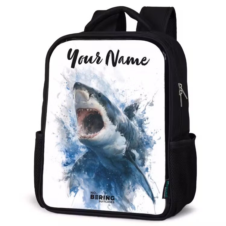 Kids backpack with name - Black - Attacking shark in watercolor — 6