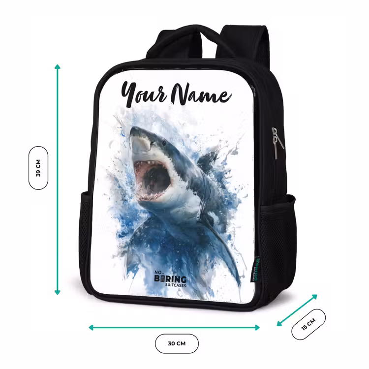 Kids backpack with name - Black - Attacking shark in watercolor — 8