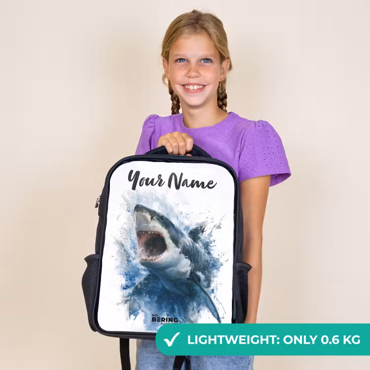 Kids backpack with name - Black - Attacking shark in watercolor — 9