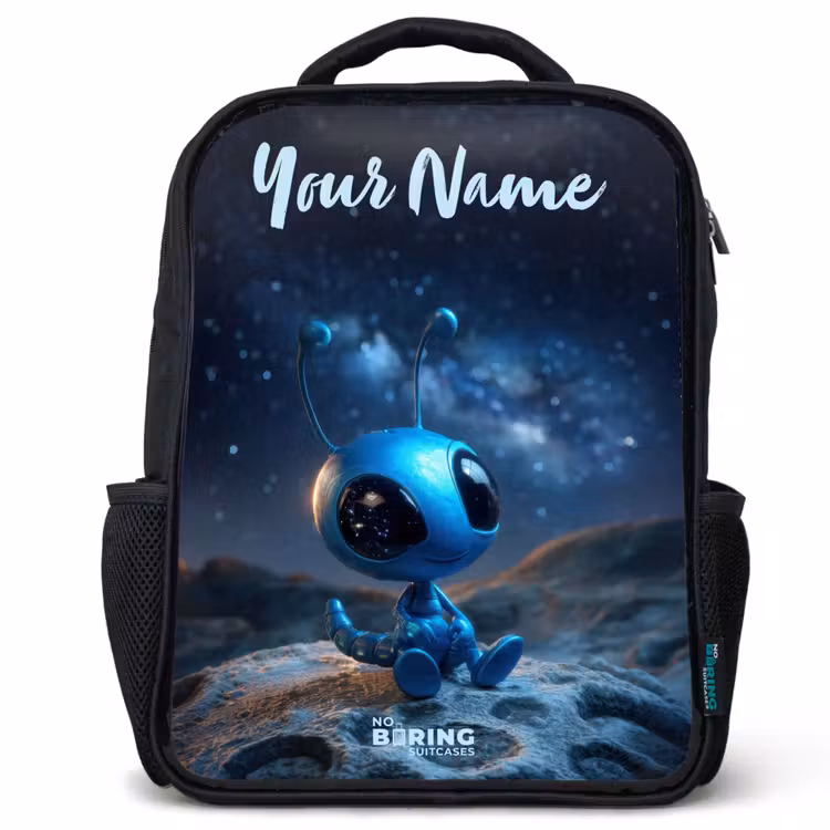 Kids backpack with name - Black - Blue alien creature under starry sky — 1