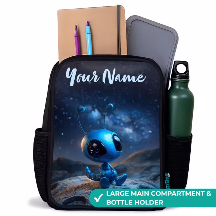 Kids backpack with name - Black - Blue alien creature under starry sky — 10
