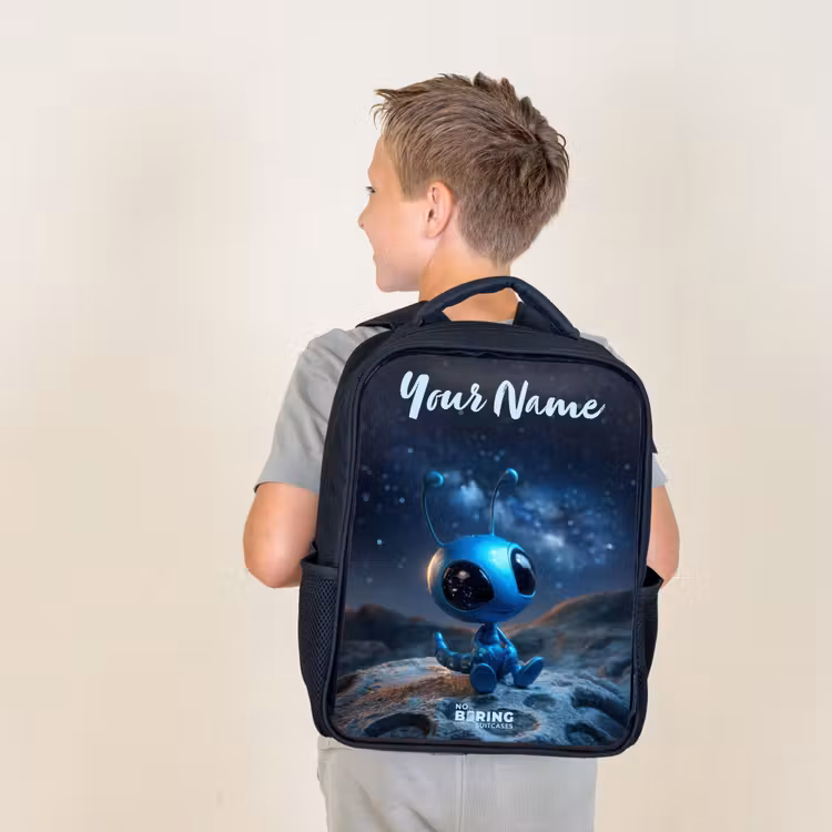 Kids backpack with name - Black - Blue alien creature under starry sky — 2