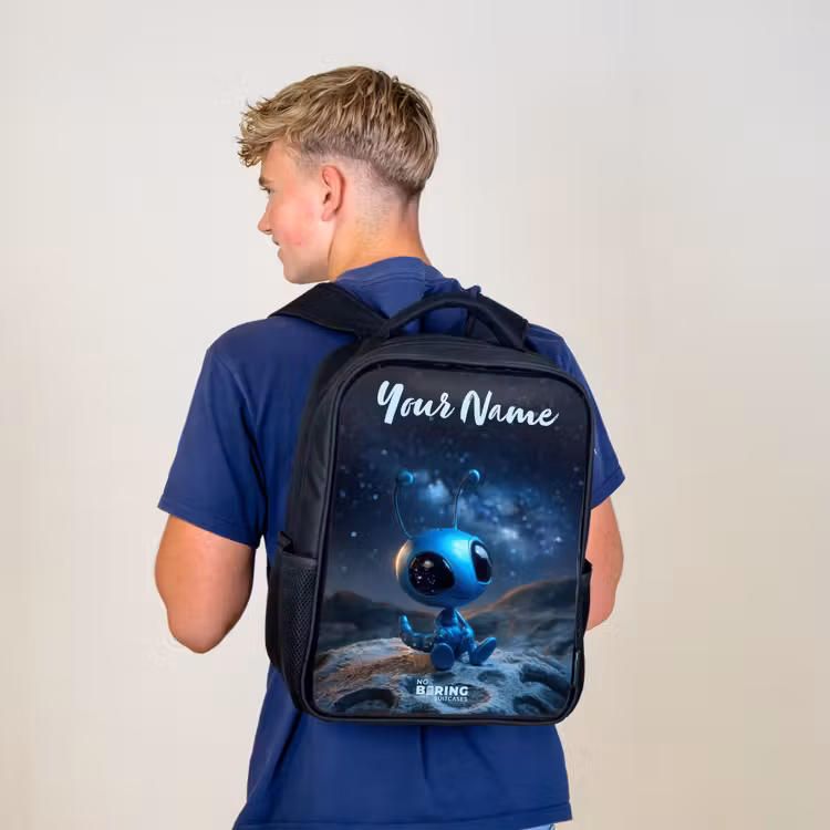 Kids backpack with name - Black - Blue alien creature under starry sky — 5