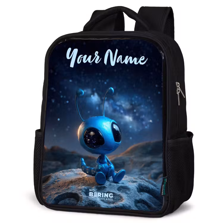 Kids backpack with name - Black - Blue alien creature under starry sky — 6