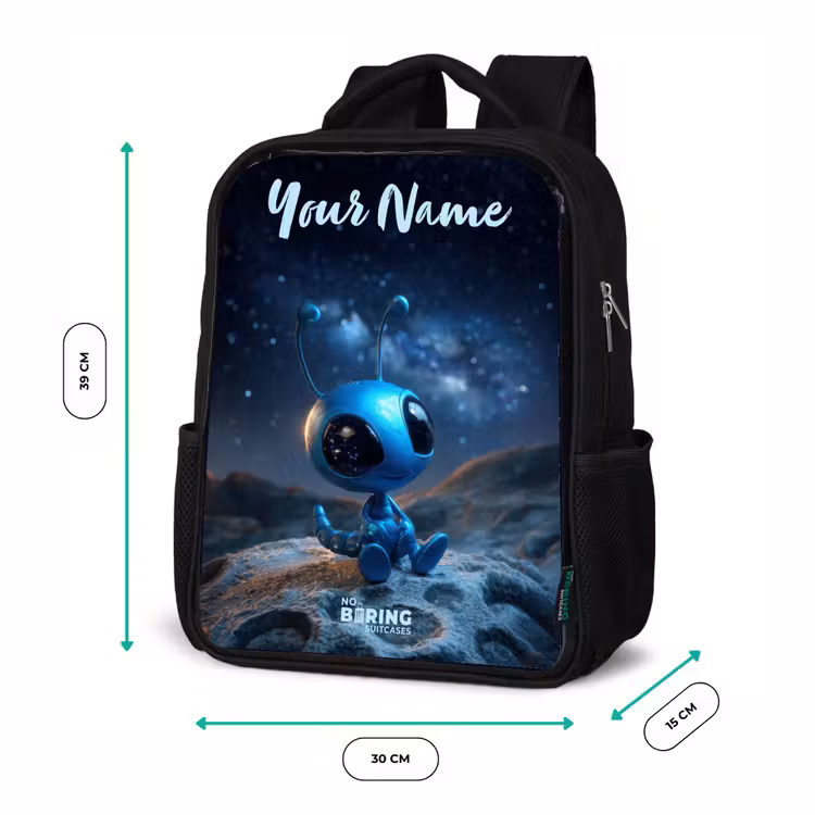 Kids backpack with name - Black - Blue alien creature under starry sky — 8