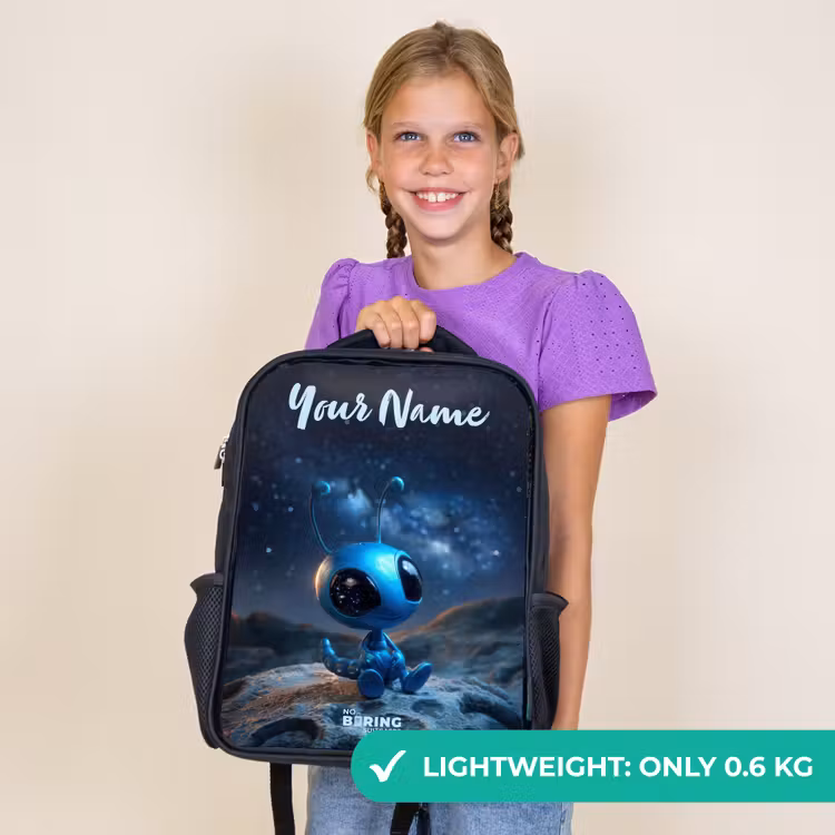 Kids backpack with name - Black - Blue alien creature under starry sky — 9