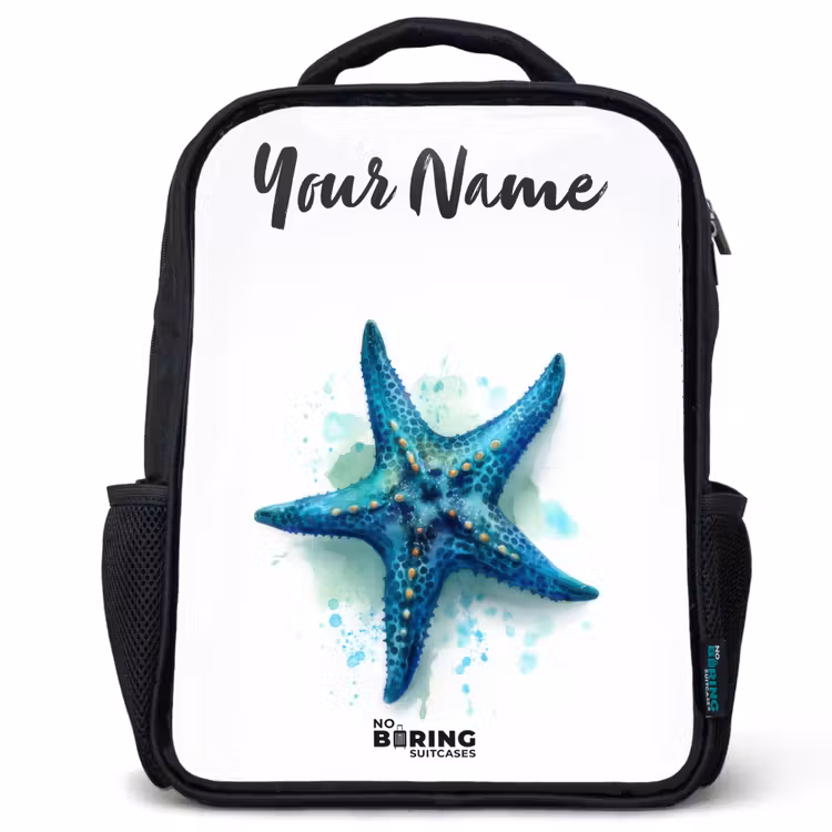 Kids backpack with name - Black - Blue Starfish on White Background — 1