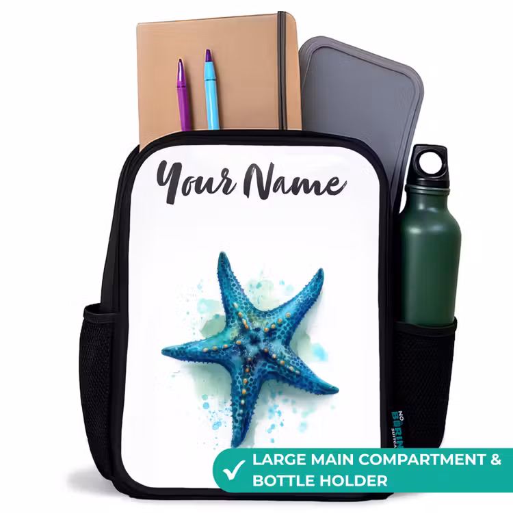 Kids backpack with name - Black - Blue Starfish on White Background — 10