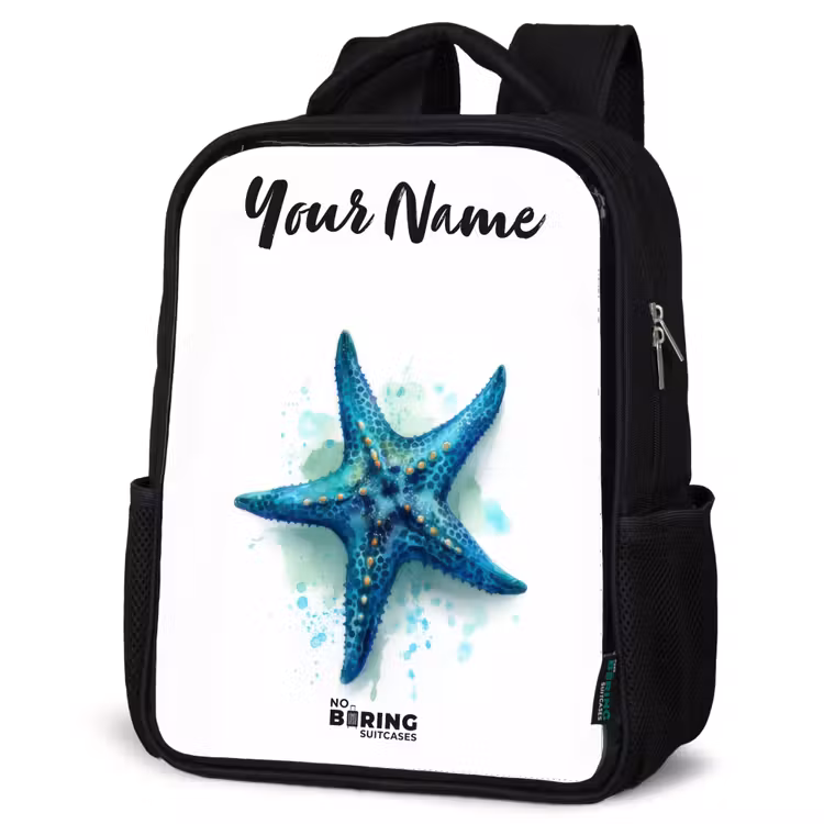 Kids backpack with name - Black - Blue Starfish on White Background — 6