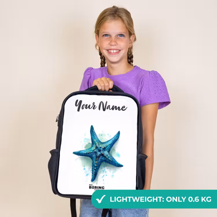 Kids backpack with name - Black - Blue Starfish on White Background — 9