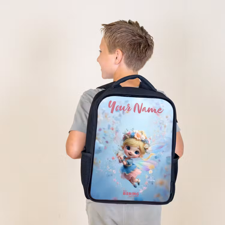 Kids backpack with name - Black - Butterfly Fairy in Flower Air — 2