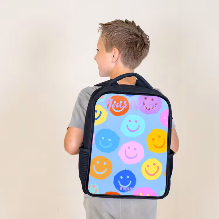 Kids backpack with name - Black - Cheerful pattern of smileys — 2