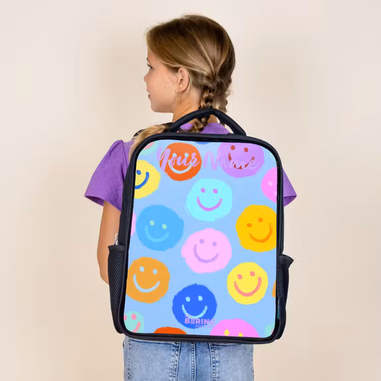 Kids backpack with name - Black - Cheerful pattern of smileys — 4