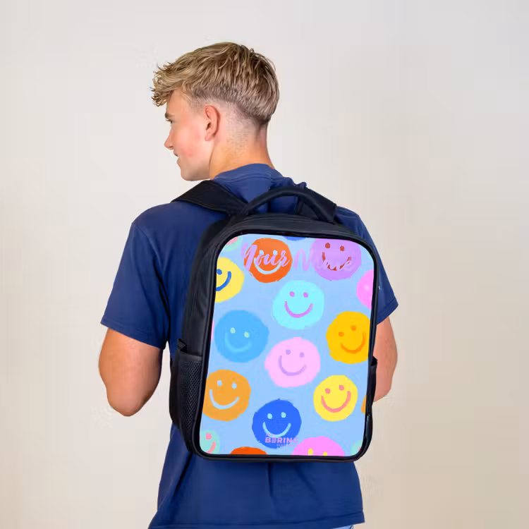 Kids backpack with name - Black - Cheerful pattern of smileys — 5