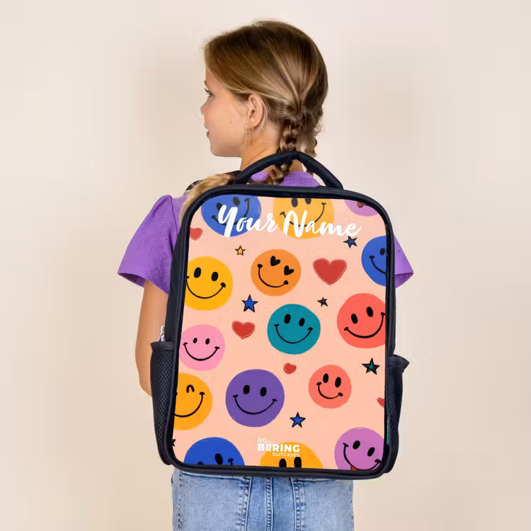 Kids backpack with name - Black - Cheerful Smiley Pattern — 4