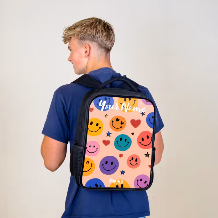 Kids backpack with name - Black - Cheerful Smiley Pattern — 5
