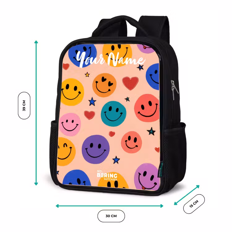 Kids backpack with name - Black - Cheerful Smiley Pattern — 8