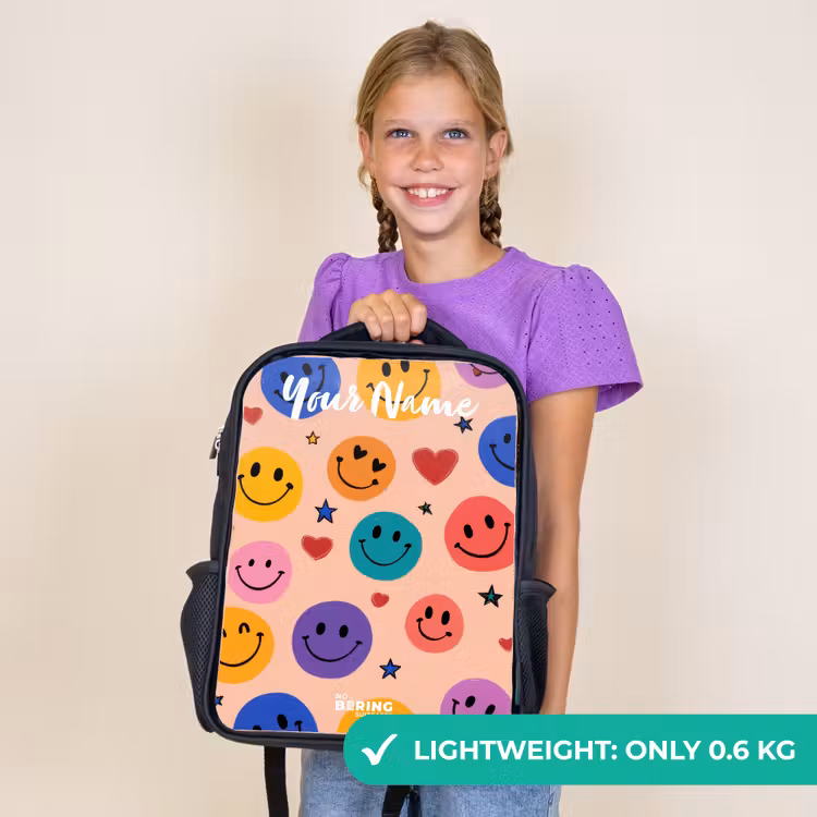 Kids backpack with name - Black - Cheerful Smiley Pattern — 9