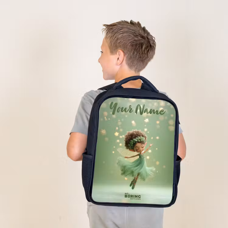 Kids backpack with name - Black - Dancing fairy in green light — 2