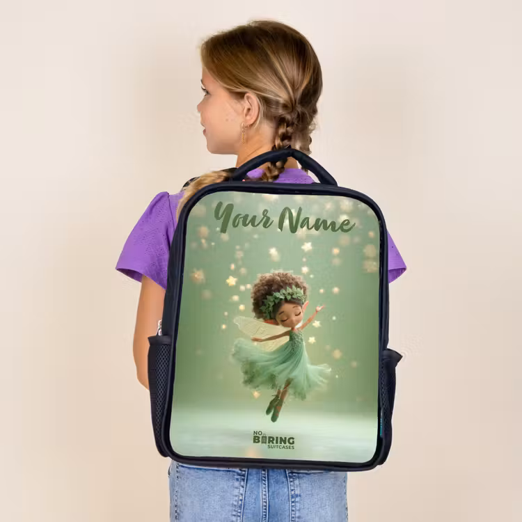Kids backpack with name - Black - Dancing fairy in green light — 4