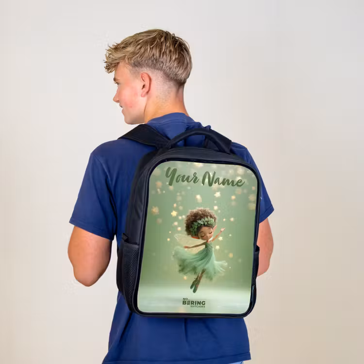 Kids backpack with name - Black - Dancing fairy in green light — 5