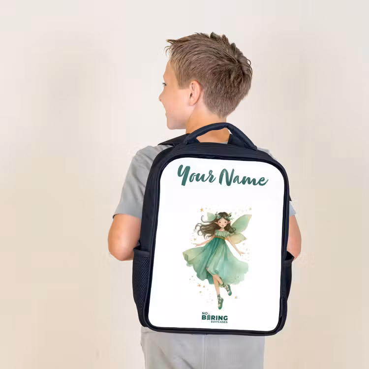 Kids backpack with name - Black - Floating green elf — 2