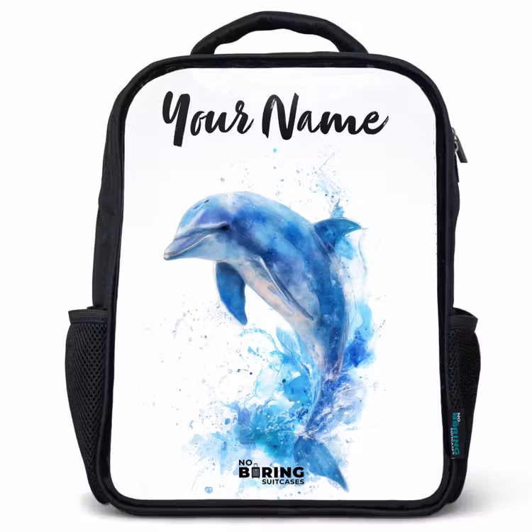 Kids backpack with name - Black - Jumping blue dolphin — 1