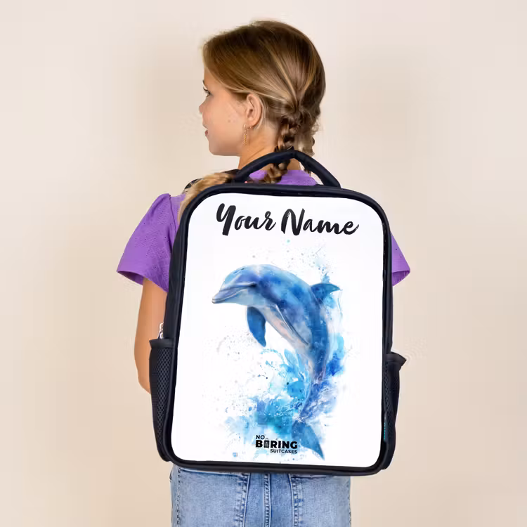 Kids backpack with name - Black - Jumping blue dolphin — 4