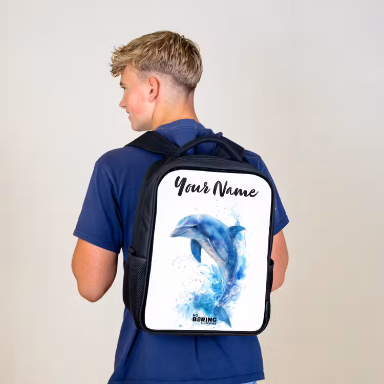 Kids backpack with name - Black - Jumping blue dolphin — 5