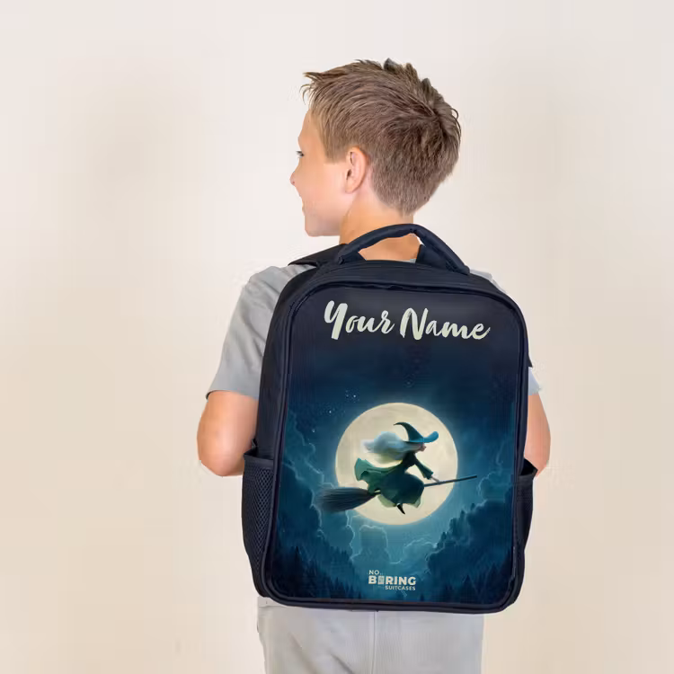 Kids backpack with name - Black - Night Flight Over the Forest — 2