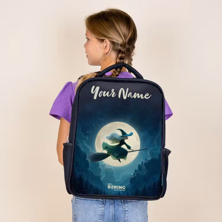 Kids backpack with name - Black - Night Flight Over the Forest — 4