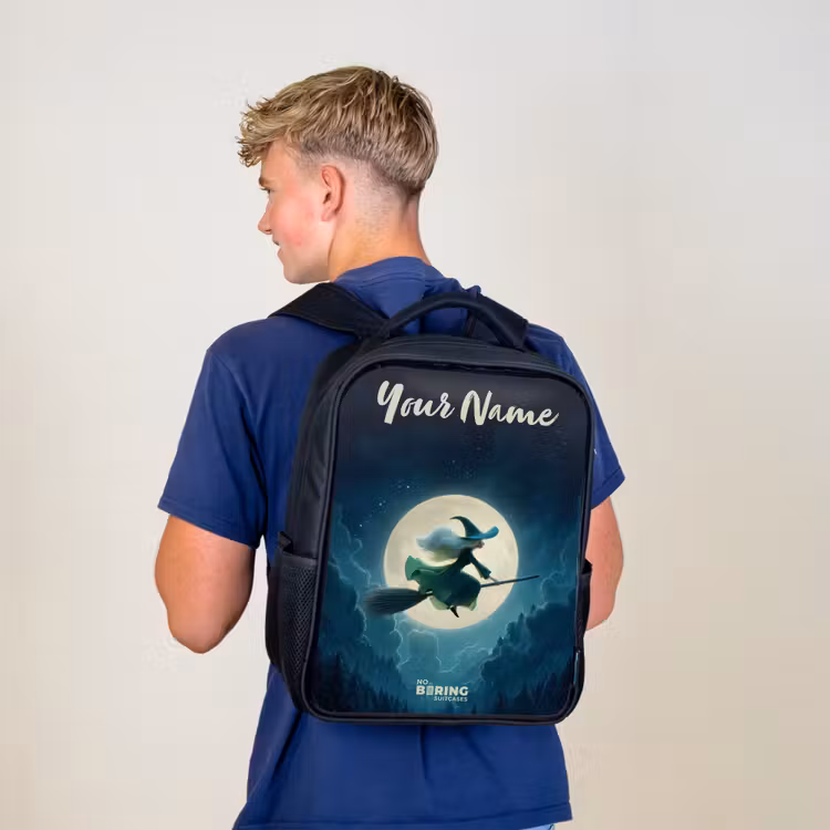 Kids backpack with name - Black - Night Flight Over the Forest — 5