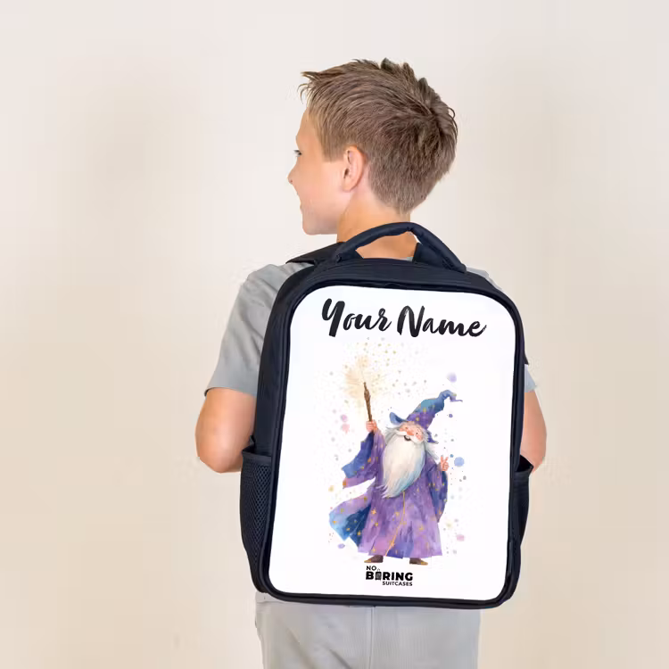 Kids backpack with name - Black - Old magician with staff — 2