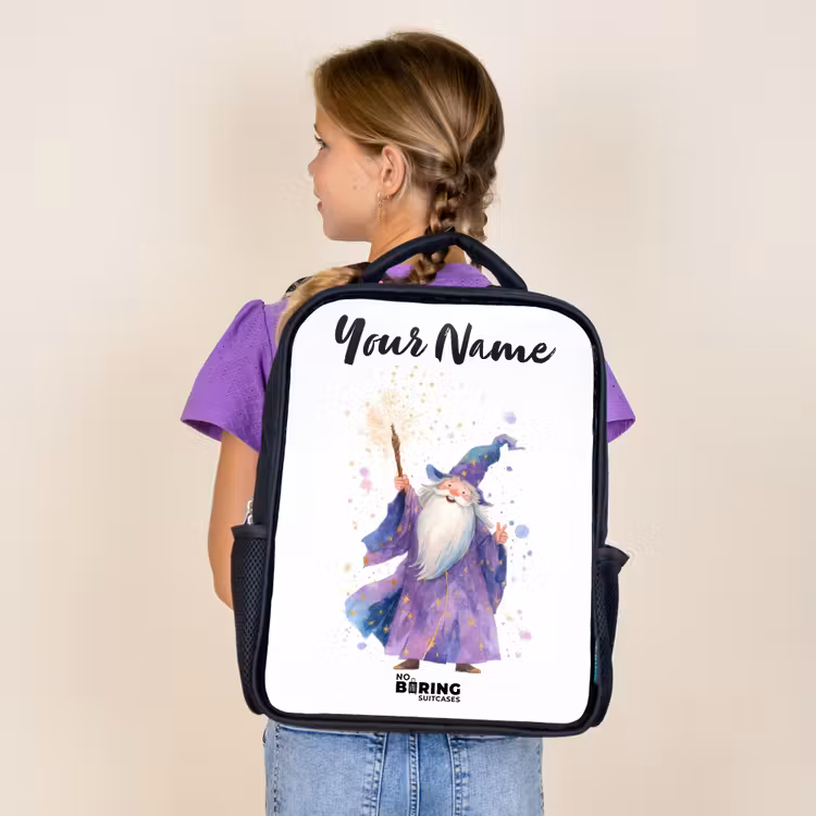 Kids backpack with name - Black - Old magician with staff — 4